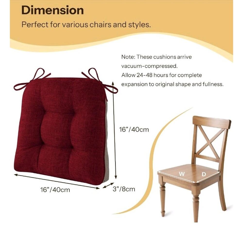 4 Pack Chair Cushionss 16" x 16" x 3" RedThick Linen, Non-Slip 11 Inch Ties - Picture 2 of 2
